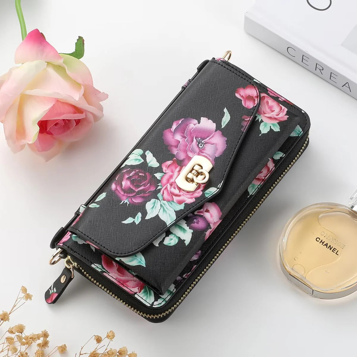 Flower Embellished Zipper Purse and Wallet Duo Case - Samsung