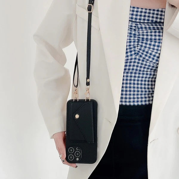 Luxury Leather Wallet Phone Case with Crossbody Strap