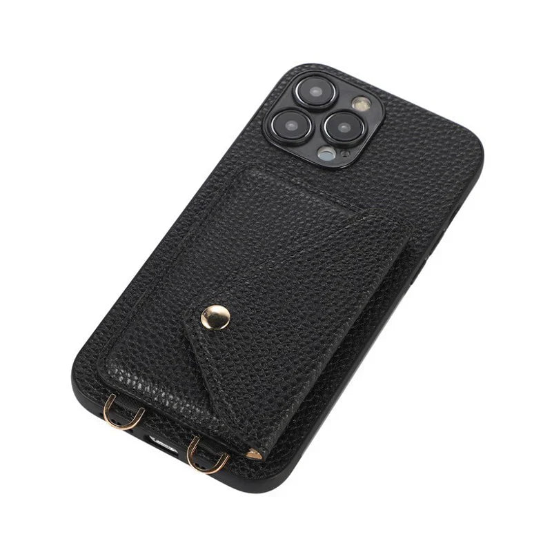 Luxury Leather Wallet Phone Case with Crossbody Strap